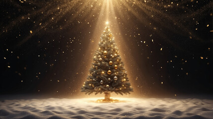 Festive Christmas tree adorned with golden ornaments and twinkling lights in snowy landscape