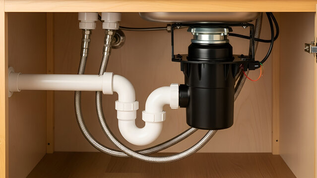 Under sink plumbing with a garbage disposal unit and white PVC pipes in a kitchen cabinet.