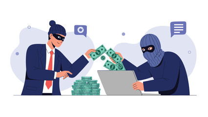 Cyber criminals wearing masks and beanies stealing money through laptop interface with piles of cash and digital data.