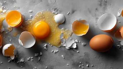 Broken eggs with transparent shells and yolks strewn across a gray surface