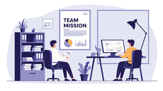 Two office workers collaborating on tasks in workspace featuring shelves and large poster with team mission statement.