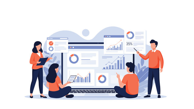 Professional business team analyzing financial growth charts and interactive data visualizations on a large digital screen in a meeting.
