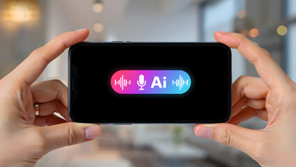 AI voice assistant technology concept. Close-up of man using speech recognition on smartphone with virtual microphone icon and soundwave.