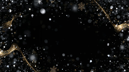 Elegant golden swirls and snowflakes on a dark background with bokeh lights