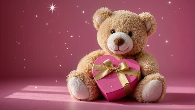 Cute plush teddy bear with heart shaped gift box and ribbon on pink studio background with sparkles and copy space, romantic valentines day concept for love