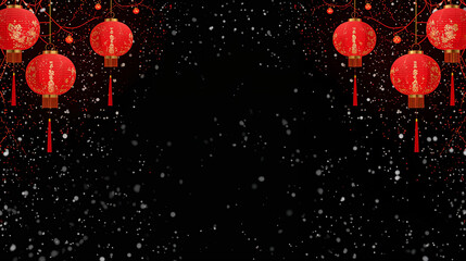 Traditional red Chinese lanterns with gold patterns hang against a dark, snowy background