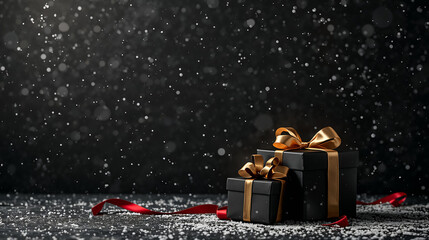 Elegant black gift boxes with gold ribbons and falling snow on a dark background