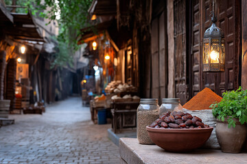 Dates and dry fruits displayed in a traditional marketplace with rustic wooden architecture and warm lighting, creating an inviting atmosphere for shoppers and visitors