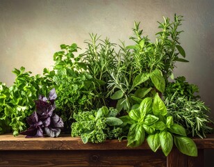 Fototapeta premium Fresh and Vibrant Assortment of Culinary Herbs on Wooden Surface