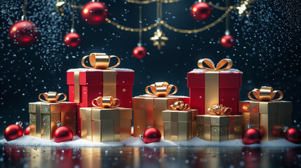 Festive Christmas gifts wrapped in red and gold with snow falling and ornaments