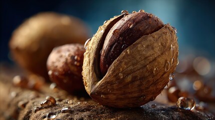 Macro Shot of Cracked Almond with Water Droplets