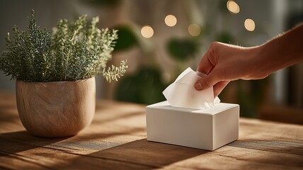 On a wooden table beside a colorful plant, a close-up shows a hand removing a tissue from a white box. Soft lighting produces a serene, ordinary scene.