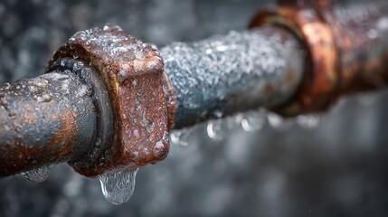 Close-up of a corroded and frozen metal pipe with water droplets dripping, indicating a leak or potential burst pipe in cold weather.