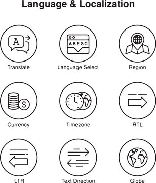 Language and localization control line icons including translate, language select, region, currency, timezone, RTL, LTR, globe, white background.