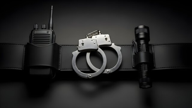 Black Police Utility Belt Product Shot with Silver Handcuffs, Walkie-Talkie, and Flashlight