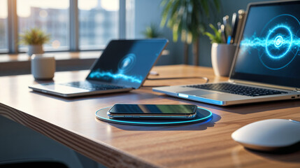 Modern office desk with laptops and smartphone charging wirelessly on a wooden surface