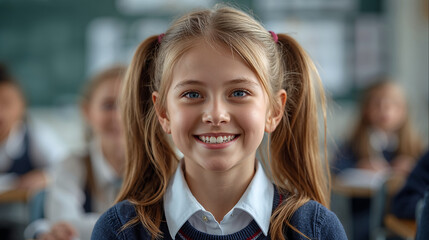 Happy young schoolgirl with pigtails smiling brightly in a classroom setting