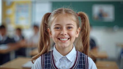 Smiling young schoolgirl with pigtails in a classroom, looking directly at the camera