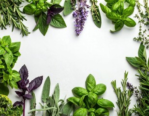 Obraz premium Fresh Culinary Herbs Arranged on White Background for Cooking