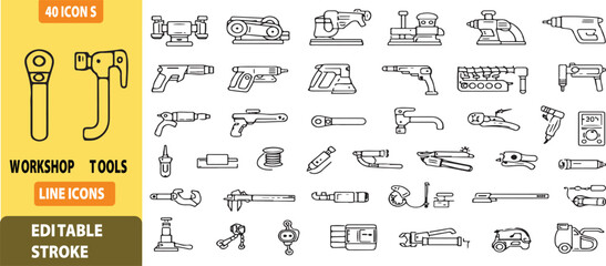 Naklejka premium Workshop Repairing Tools icons set, maintenance line icon set. Outline icon collection. Editable stroke. Vector illustration