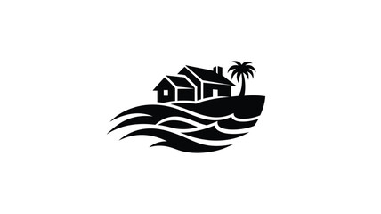 Tropical island with a house and palm trees a striking silhouette