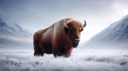 Majestic bison standing in a frosty open field surrounded by misty mountains under a cloudy sky