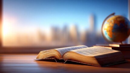 Open book on a wooden table with a globe in the background and a cityscape view through the window