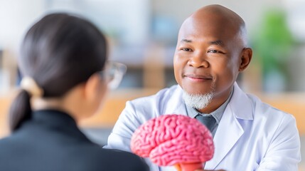 Smiling doctor discussing mental health with patient using brain model in modern office setting