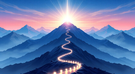 A stylized mountain landscape dominates the image, featuring a towering peak illuminated by a brilliant, radiant sun setting