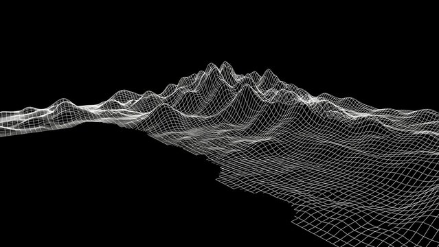 Wireframe Landscape Abstract Digital Terrain Grid on Black Background