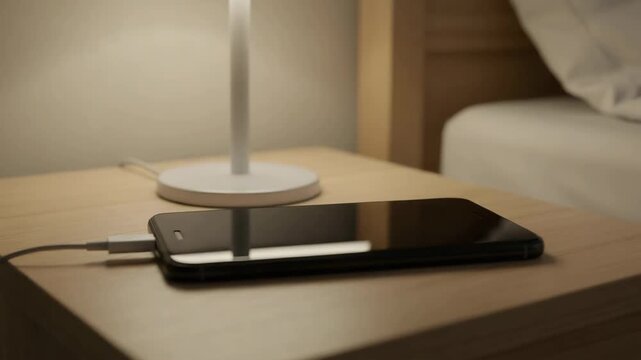 Smartphone charging on bedside table beside lamp in bedroom  