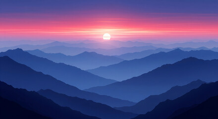 An ethereal landscape painting depicts a layered mountain range at sunset