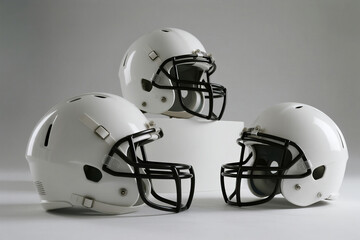 Fototapeta premium Three white football helmets on display