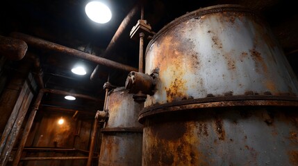 Rusty industrial tanks and pipes illuminated by bright overhead lights in a dark interior