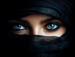 Naklejka premium A dramatic cinematic portrait of a woman's blue eyes through a black veil. This image symbolizes mystery, hidden strength, and the power of the female gaze.