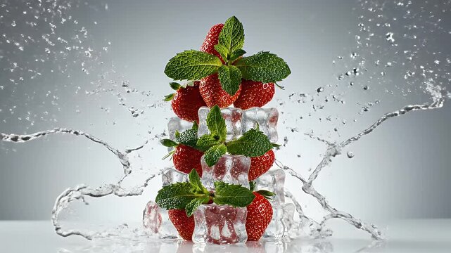 Fresh strawberries with green leaves splashing in clear water.