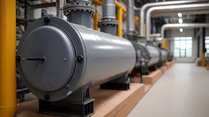 Row of industrial heat exchangers with piping in a clean modern manufacturing facility