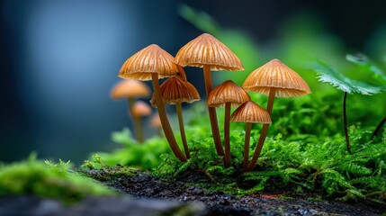 Fototapeta premium Tiny Brown Fungi Sprouting from Vibrant Green Moss Macro