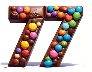 A numeral "77" crafted from chocolate, adorned with colorful, round candies. A whimsical and delicious design
