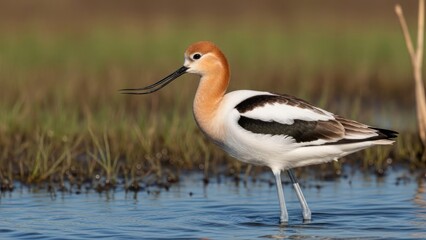 Obraz premium A red and white bird with a long beak wading in shallow water.