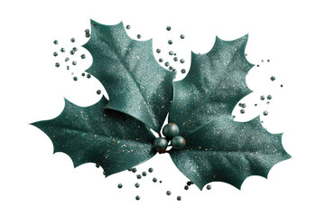 Fototapeta premium This decorative element features glittery holly leaves and shiny berries, creating a festive look with sparkling edges against a transparent backdrop, perfect for seasonal designs