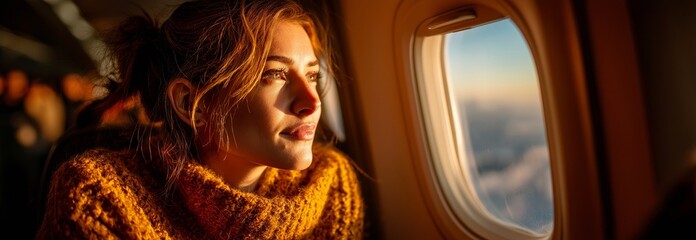 A Caucasian woman traveling in economy class for business sits comfortably in the airplane and looks out the window.