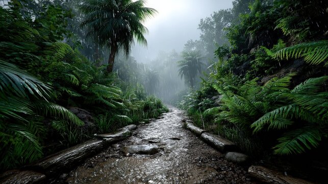Lush Tropical Jungle Path During Heavy Rain Storm