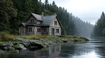 Obraz premium Rustic Wooden Cabin by a Misty Forest Lake at Dawn