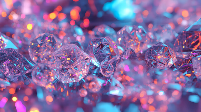 Colorful unique creative energizing space featuring bright sparkling diamonds scattering light with vivid pink blue reflection creating luxury texture background - Powered by Adobe