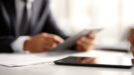 Consultant using tablet advising accountants and lawyer, financial and legal business concept