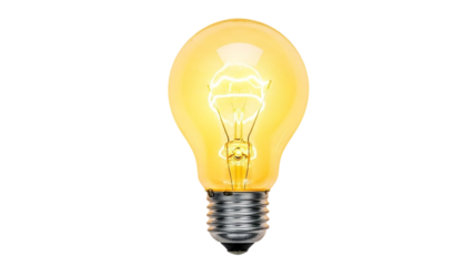 Glowing light bulb with warm yellow light isolated on transparent background