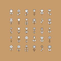 Flowers editable stroke outline icons set isolated flat vector illustration