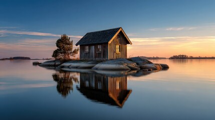Small Wooden Cabin on a Rocky Island at Sunset with Reflection