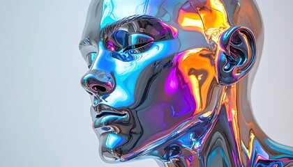 Close-up of a chrome, reflective bust with vibrant colors and smooth texture